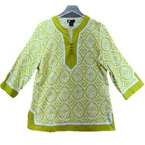 Carole Little Womens Linen Tunic Top Size L Lime Green 90s Coastal‎ Boho Beachy